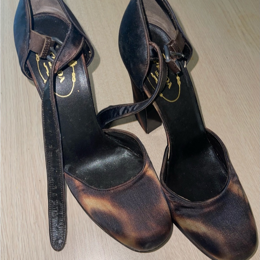 Prada Brown Satin Ankle-Strap Heels